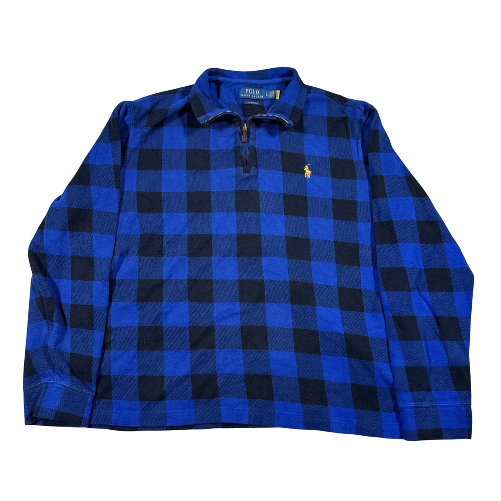 Polo Ralph Lauren Quarter Zip Pullover Mens L Blue Black Buffalo Plaid Rib
